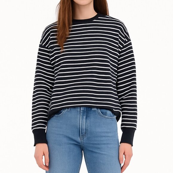 UNIQLO Striped Navy Lightweight Jersey Sweatshirt S Relaxed Fit Minimalist - Picture 1 of 7